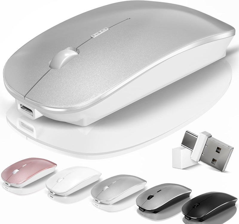 Kovess Mouse for Laptop Wireless Bluetooth - MacBook Air Mac Pro PC iPad Optical Rechargeable Silent Mouse with Jiggler Dual Mode Switch Bluetooth 5.2/3.0 and 2.4GHz USB-A and Type-C Receiver Silvery - Image 1